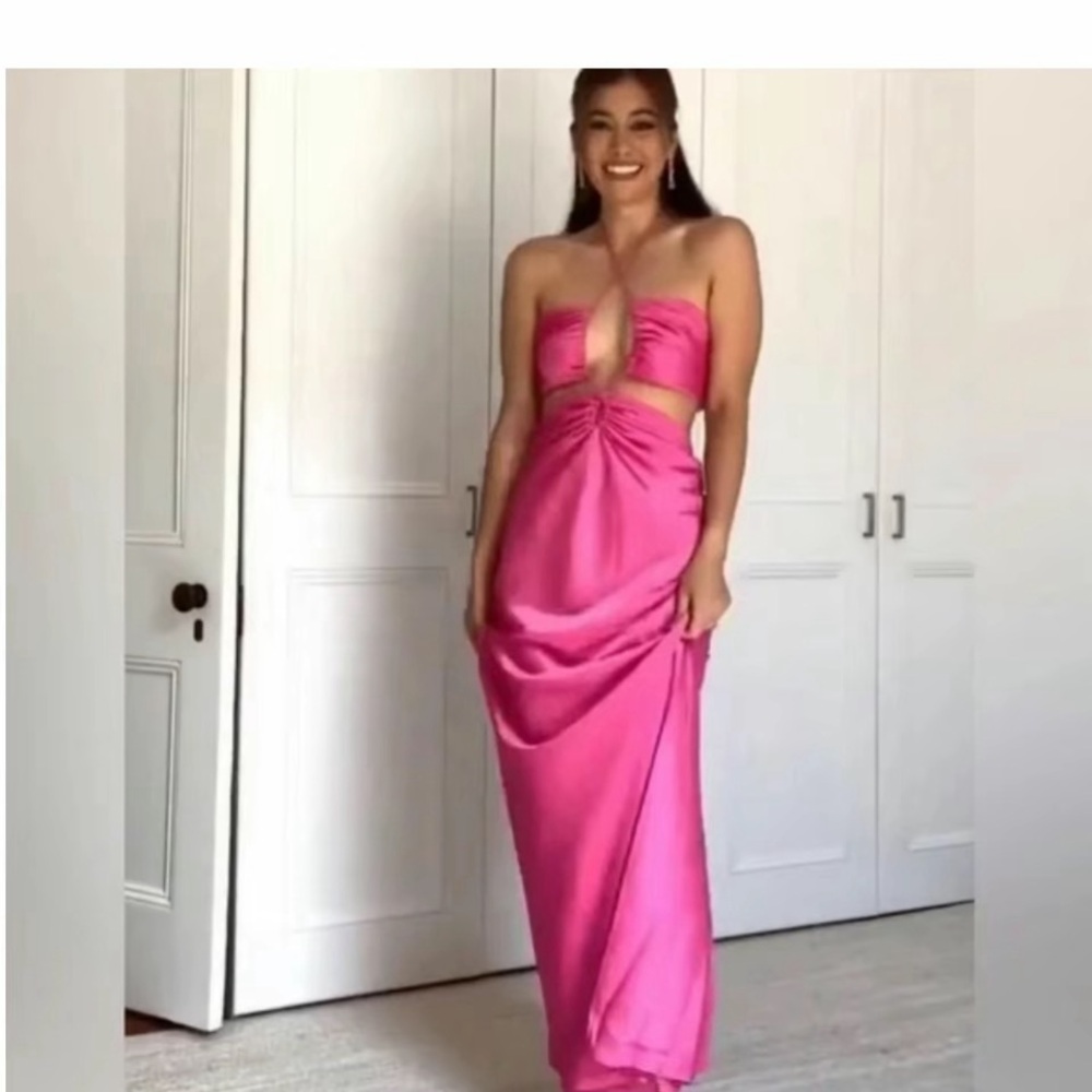 Pink Ruched Strapless Gown for Prom
